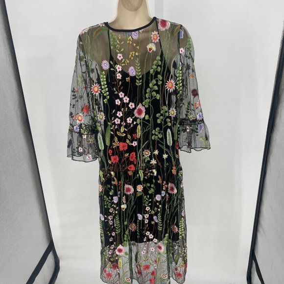 Lulu's 3D Floral Botanical Midi Dress Size Small Embroidered Sheer Black Mesh - Picture 3 of 16